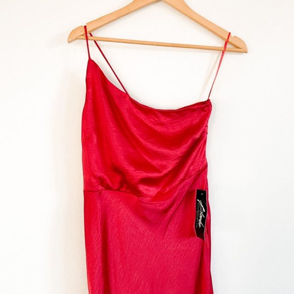 Whyte Valentyne Red Satin Bodycon  Midi Dress Thigh Slit Sz XL/14 - Picture 3 of 6